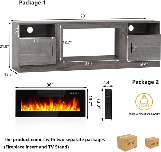 Fireplace TV Stand Entertainment Center with 36" Fireplace, 70" Wooden TV Stand for Tvs up to 80",Media TV Console with High Gloss Storage Cabinet and 16 Colors LED Lights (Gray)