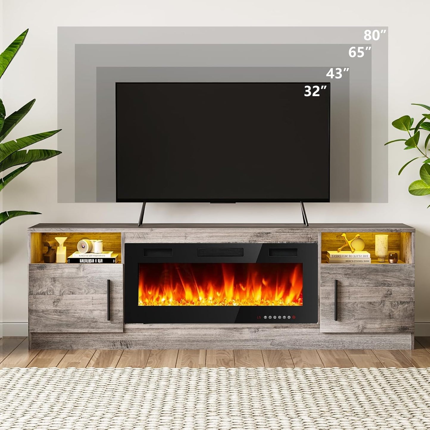 Fireplace TV Stand Entertainment Center with 36" Fireplace, 70" Wooden TV Stand for Tvs up to 80",Media TV Console with High Gloss Storage Cabinet and 16 Colors LED Lights (Gray)