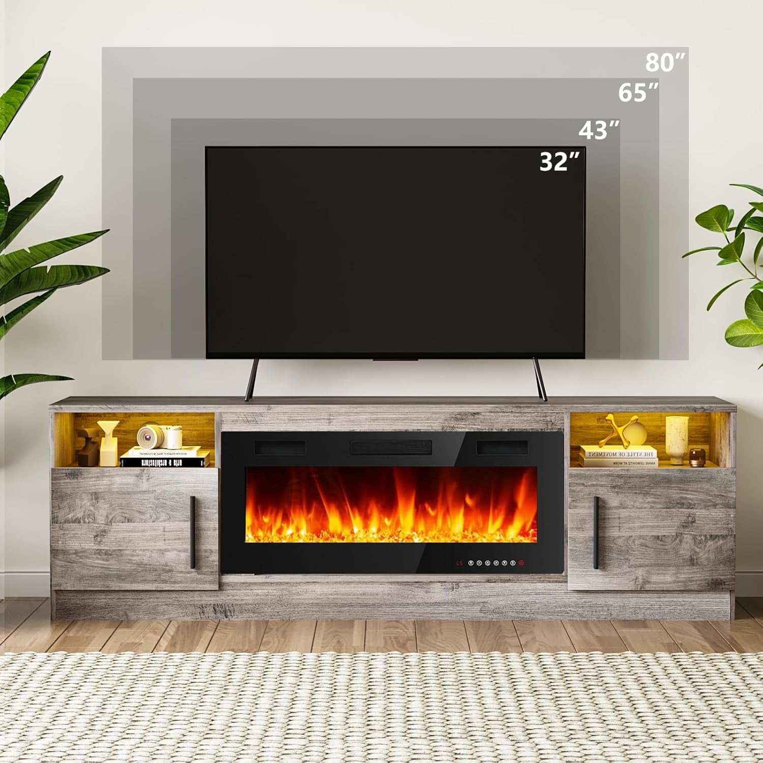 Fireplace TV Stand Entertainment Center with 36" Fireplace, 70" Wooden TV Stand for Tvs up to 80",Media TV Console with High Gloss Storage Cabinet and 16 Colors LED Lights (Gray)