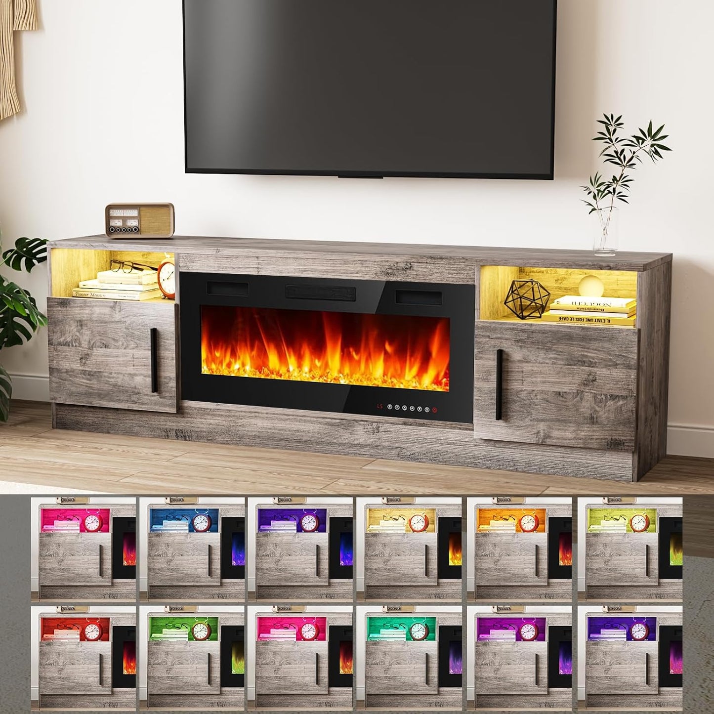 Fireplace TV Stand Entertainment Center with 36" Fireplace, 70" Wooden TV Stand for Tvs up to 80",Media TV Console with High Gloss Storage Cabinet and 16 Colors LED Lights (Gray)