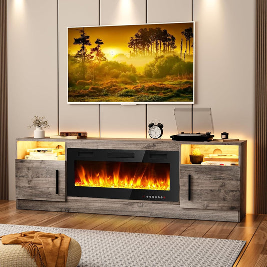Fireplace TV Stand Entertainment Center with 36" Fireplace, 70" Wooden TV Stand for Tvs up to 80",Media TV Console with High Gloss Storage Cabinet and 16 Colors LED Lights (Gray)