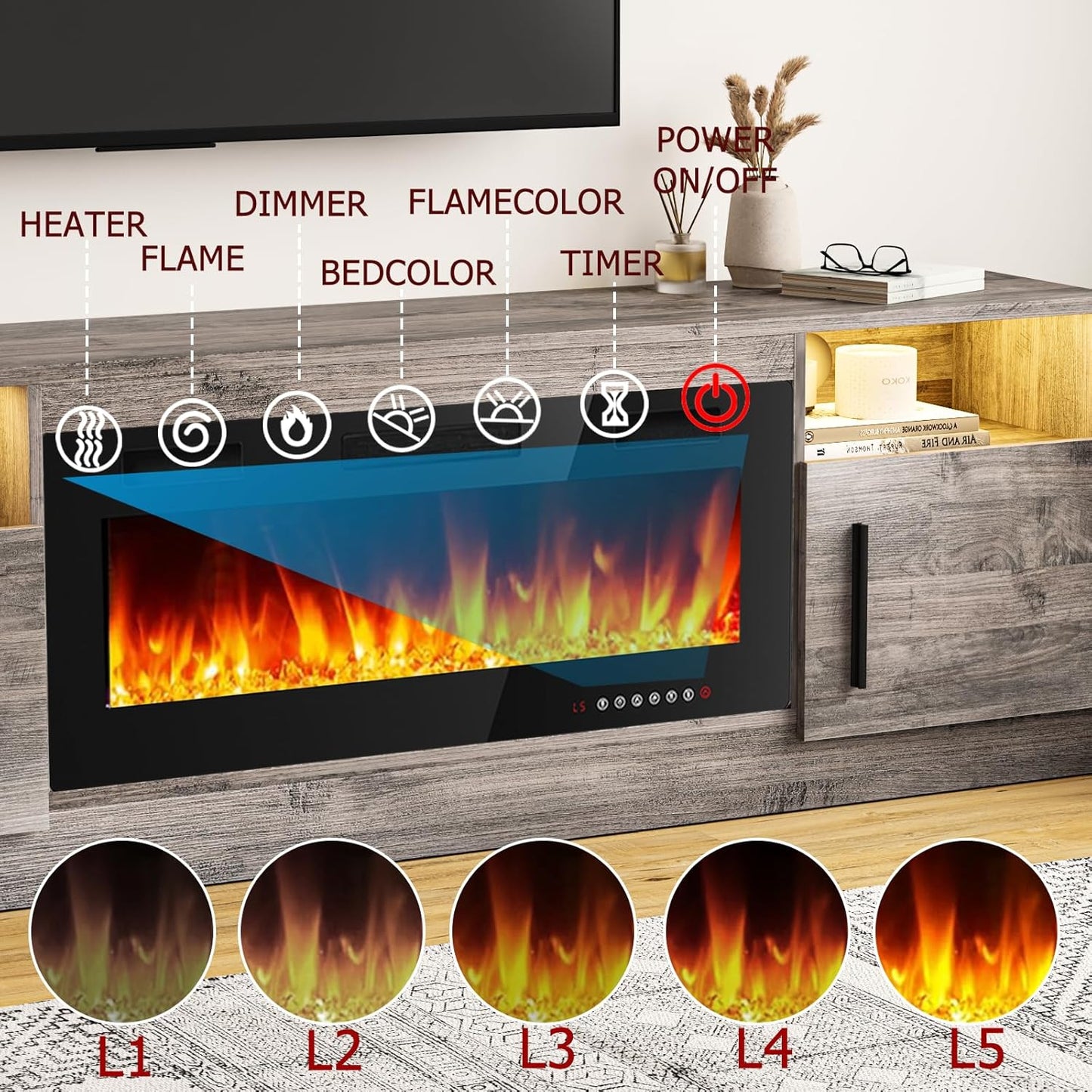 Fireplace TV Stand Entertainment Center with 36" Fireplace, 70" Wooden TV Stand for Tvs up to 80",Media TV Console with High Gloss Storage Cabinet and 16 Colors LED Lights (Gray)