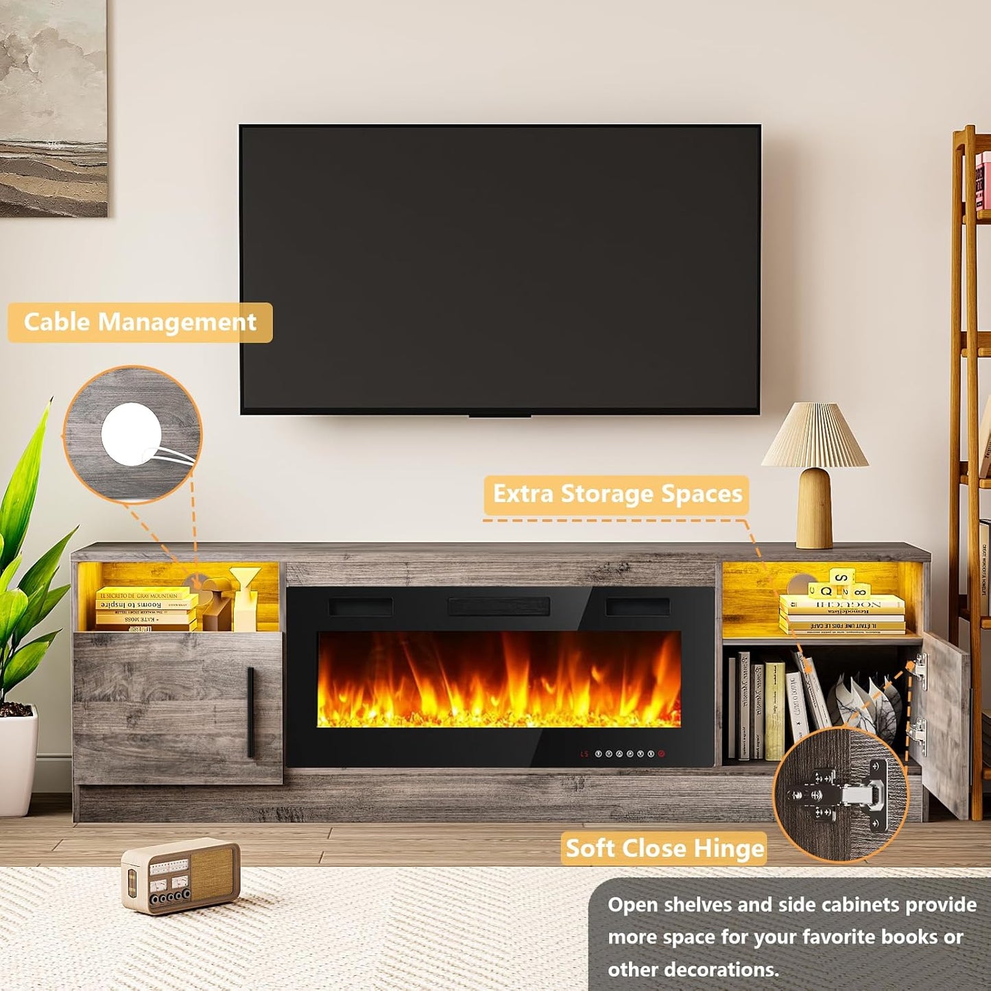 Fireplace TV Stand Entertainment Center with 36" Fireplace, 70" Wooden TV Stand for Tvs up to 80",Media TV Console with High Gloss Storage Cabinet and 16 Colors LED Lights (Gray)