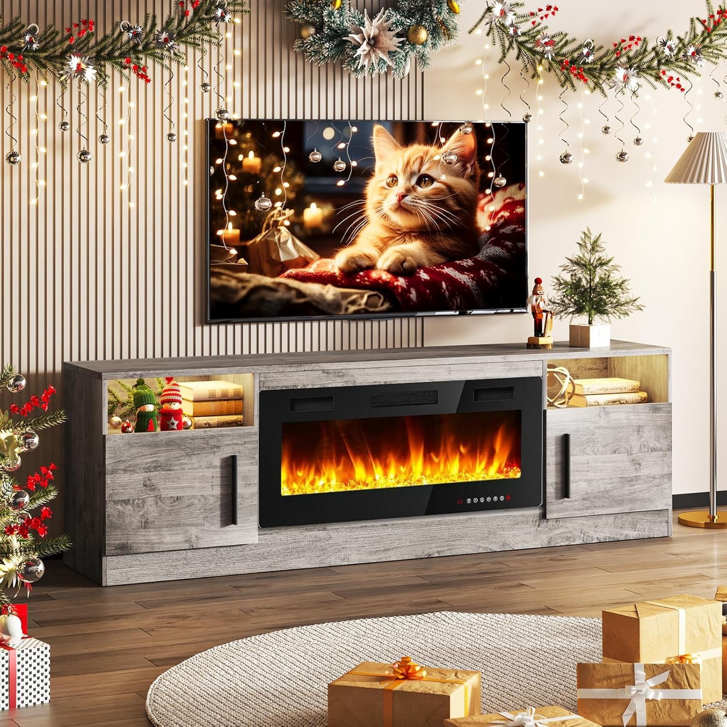 Fireplace TV Stand Entertainment Center with 36" Fireplace, 70" Wooden TV Stand for Tvs up to 80",Media TV Console with High Gloss Storage Cabinet and 16 Colors LED Lights (Gray)